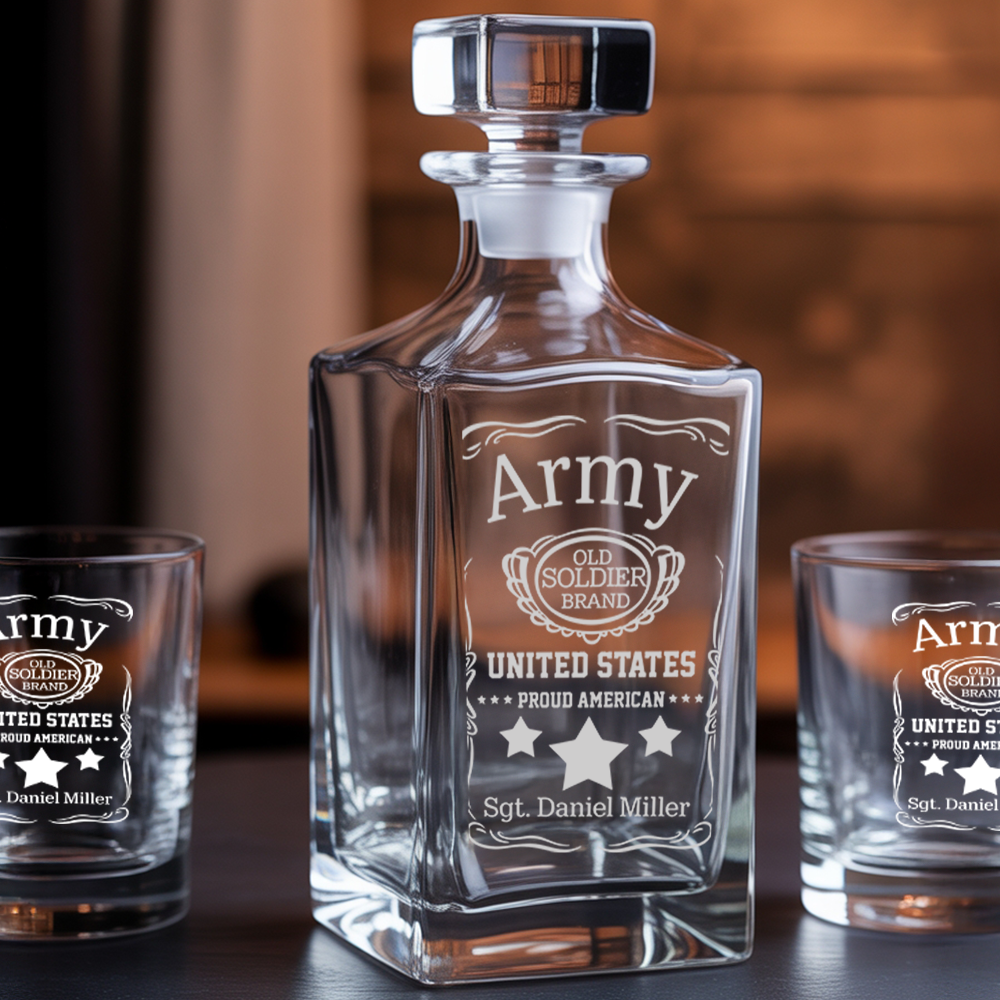 Military Whiskey Set, Personalized Army Decanter and Glasses, Patriotic Gift for Veterans and Soldiers, Gift For Independence Day TND092