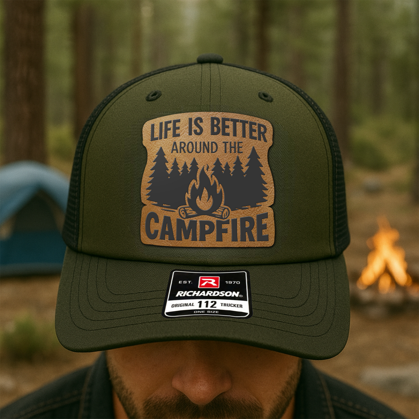 Custom Campfire Trucker Hat – “Life Is Better Around the Campfire” Richardson 112 Outdoor Cap VHA163