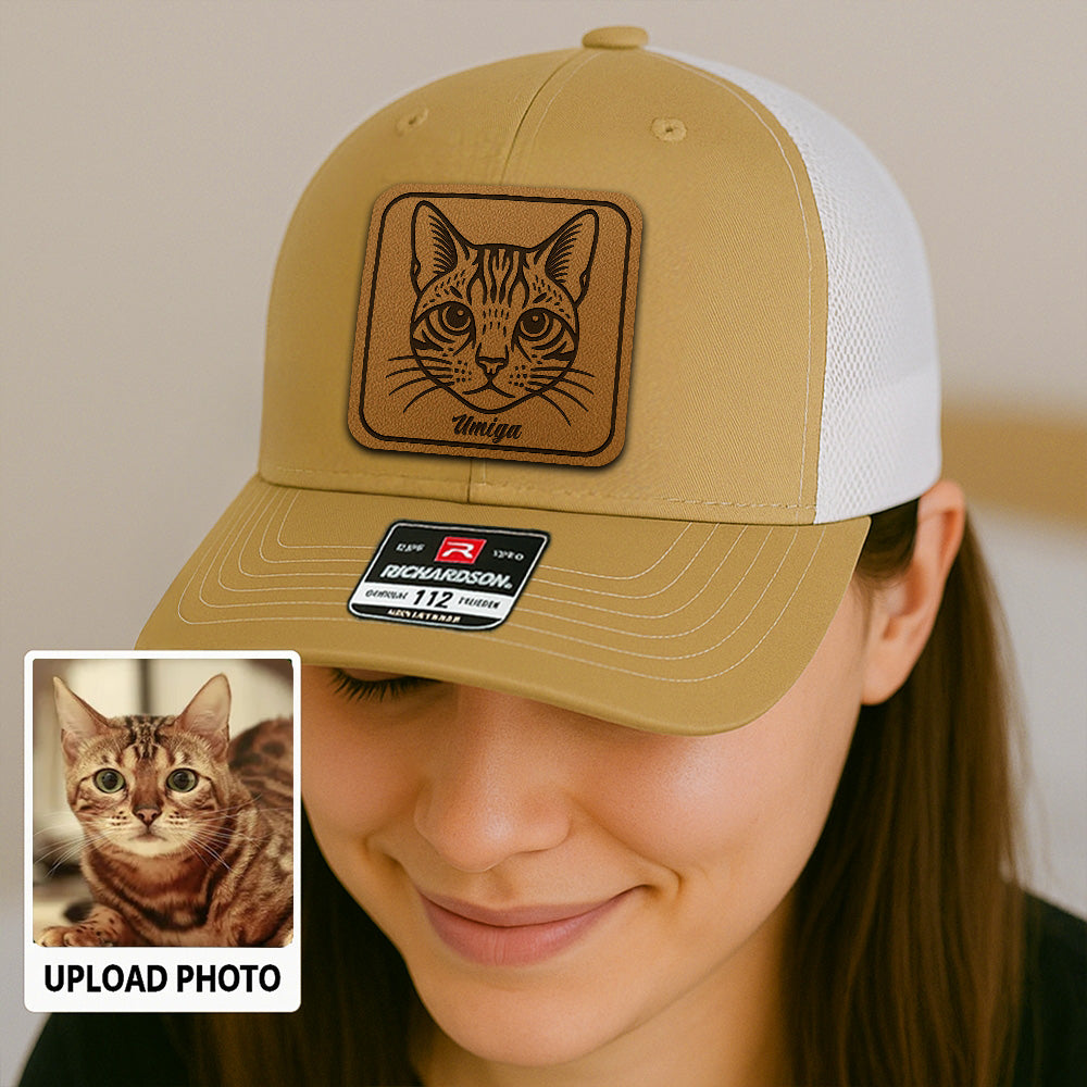 Custom Cat Photo Trucker Hat | Personalized Cat Patch Leather Patch Hat | Gift For Cat Lovers TNGANSP034