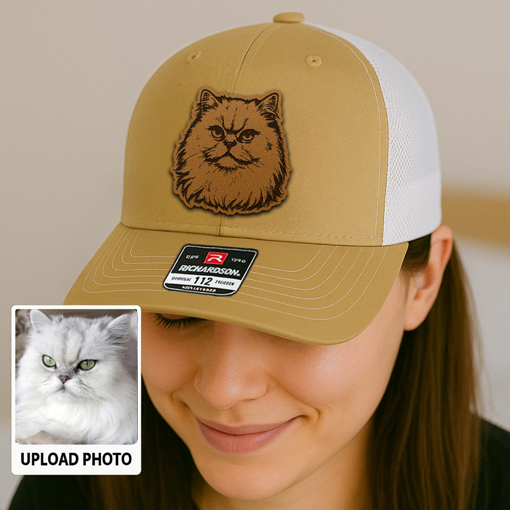 Custom Cat Photo Trucker Hat | Personalized Cat Photo Leather Patch Hat | Gift For Cat Lover TNGANSP031