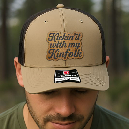 Family Trucker Hat – “Kickin’ It With My Kinfolk” Southern Style Patch Cap for Reunions & Everyday Wear VHA163