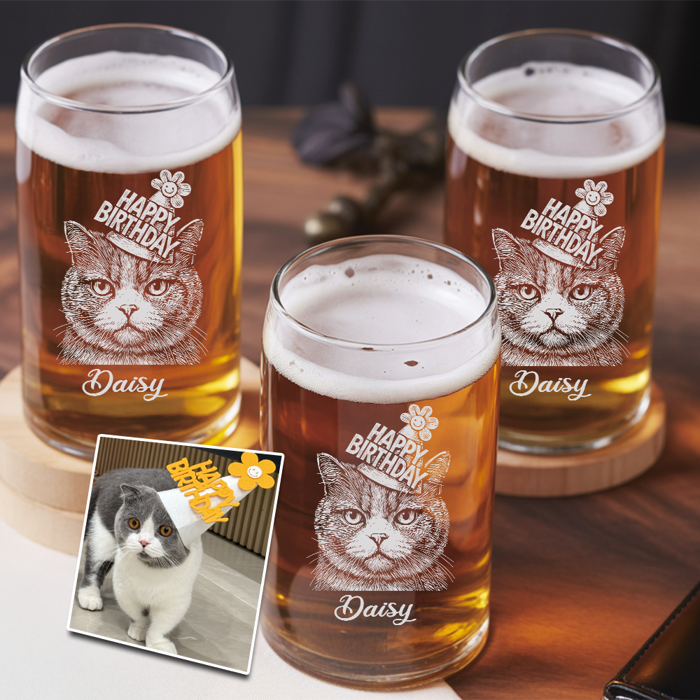 Custom Photo Cat Poitrait Beer Glasses | Personalized Cat Photo Beer Can Glasses | Cat Lover Gift TNNGL31