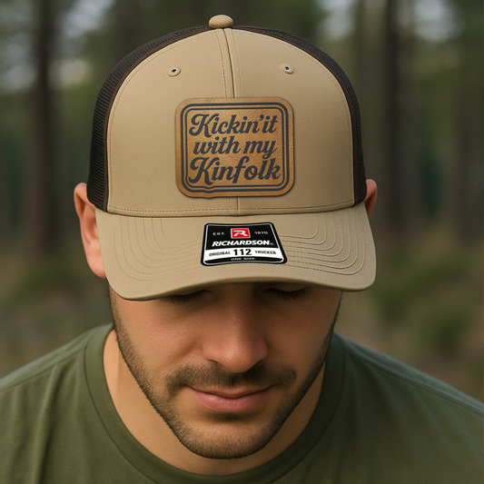 Family Trucker Hat – “Kickin’ It With My Kinfolk” Retro Patch Cap for Reunions & Everyday Wear VHA163