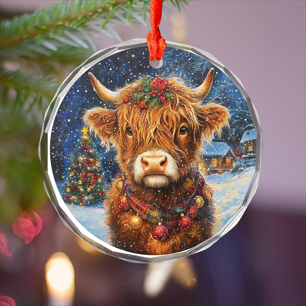 Beautiful Highland Cow Christmas Night Design 2 Glass Ornament