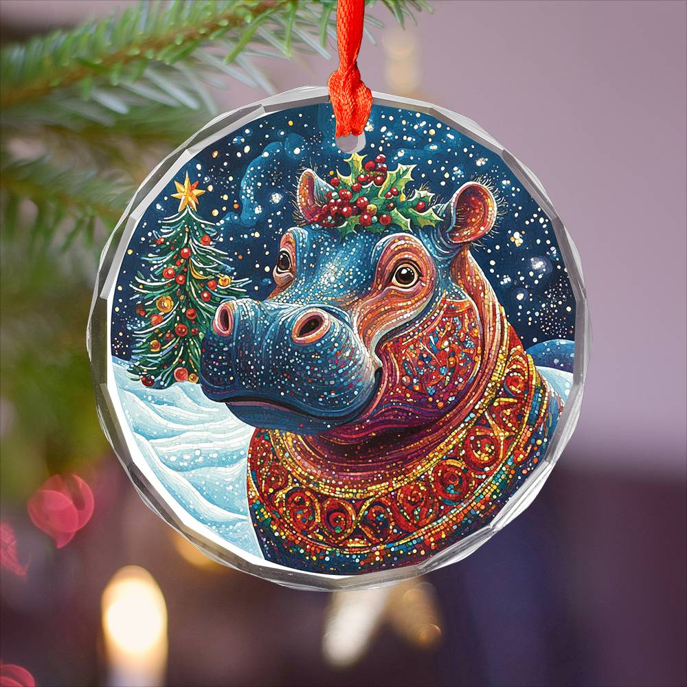 Beautiful Hippo Christmas Night Design 3 Glass Ornament