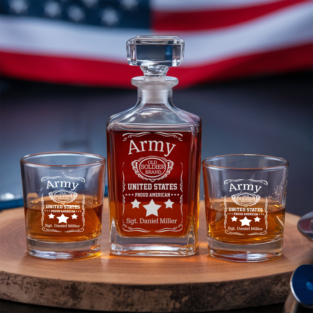Military Whiskey Set, Personalized Army Decanter and Glasses, Patriotic Gift for Veterans and Soldiers, Gift For Independence Day TND092