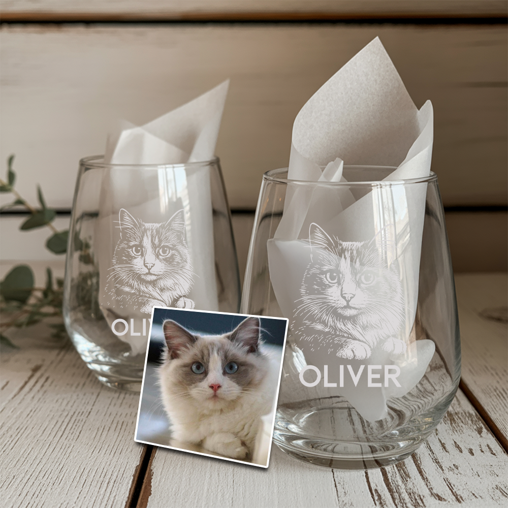 Custom Photo Cat Stemless Wine Glass | Cat Photo Stemless Wine Glass | Cat Lover Gift TNNGL10
