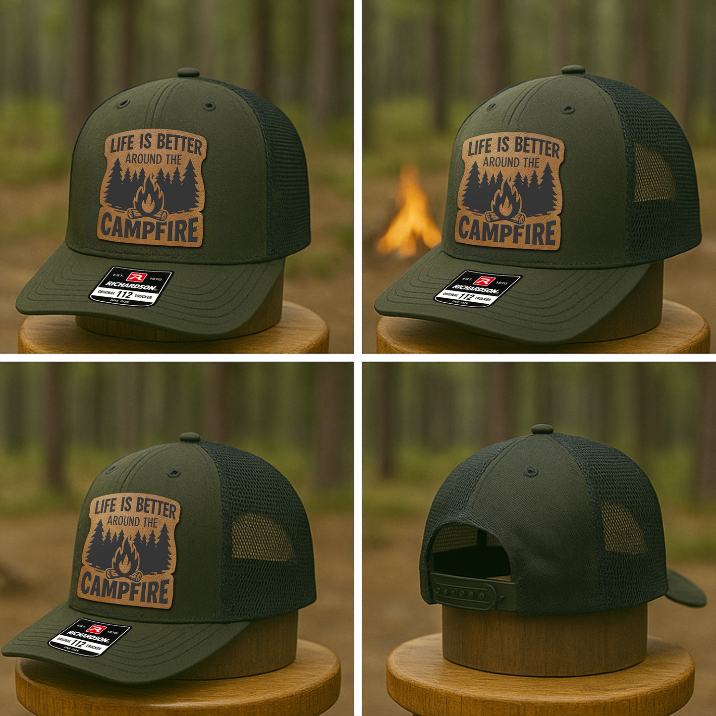 Custom Campfire Trucker Hat – “Life Is Better Around the Campfire” Richardson 112 Outdoor Cap VHA163