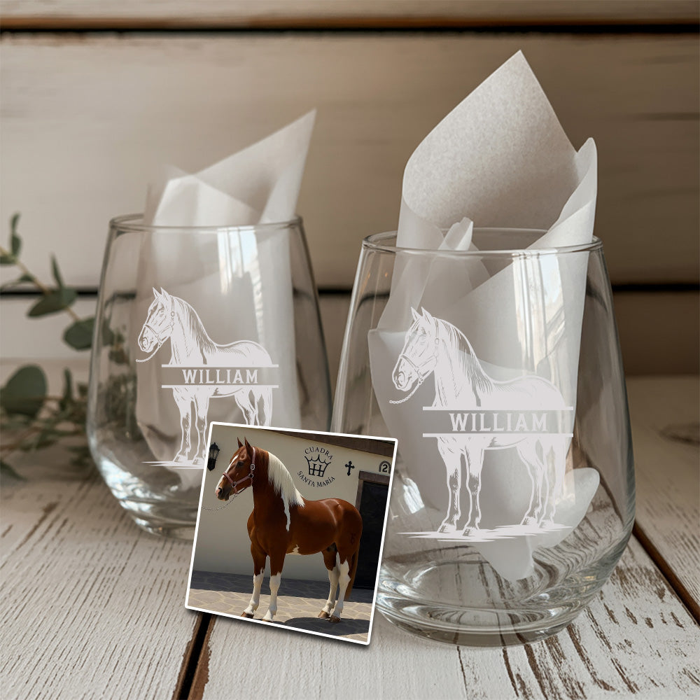 Custom Photo Horse Stemless Wine Glass | Personalized Pet Photo Stemless Wine Glass | Gift For Pet Owners TNNGL54