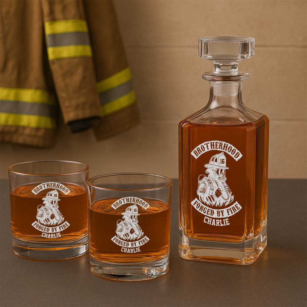 Personalized Decanter Set Brotherhood Forged By Fire, Gift For Fireman Decanter With Whiskey Glasses Set, First Responder Gift TNN023