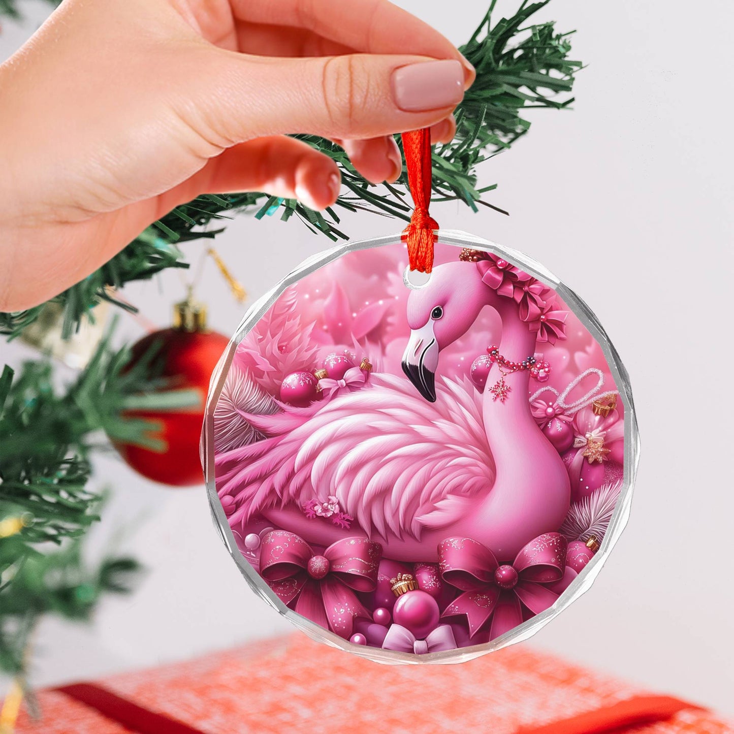 Flamingo Pink Christmas Design 3 Glass Ornament