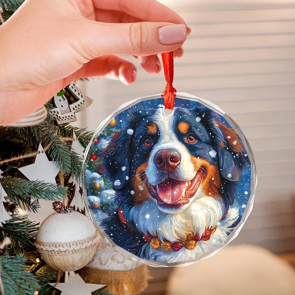 Beautiful Angus Bernese Mountain Dog Christmas Night Design 2 Glass Ornament