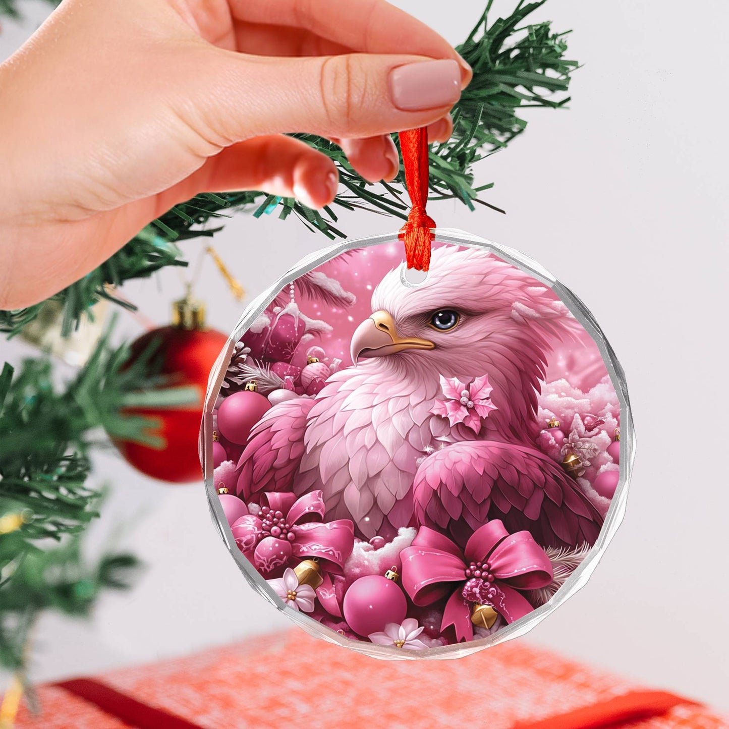 Eagle Pink Christmas Design 2 Glass Ornament