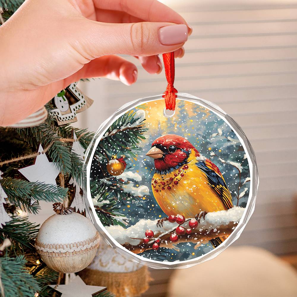 Beautiful Finch Christmas Night Design 1 Glass Ornament
