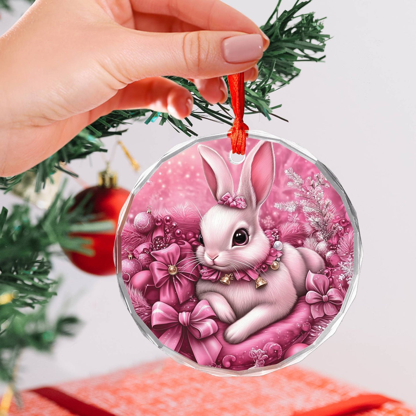Rabbit Pink Christmas Design 4 Glass Ornament