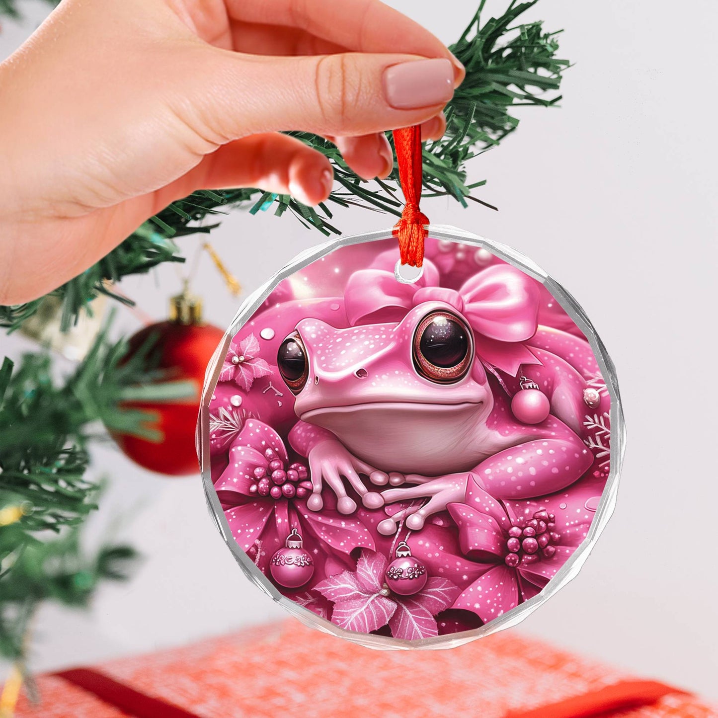 Frog Pink Christmas Design 2 Glass Ornament