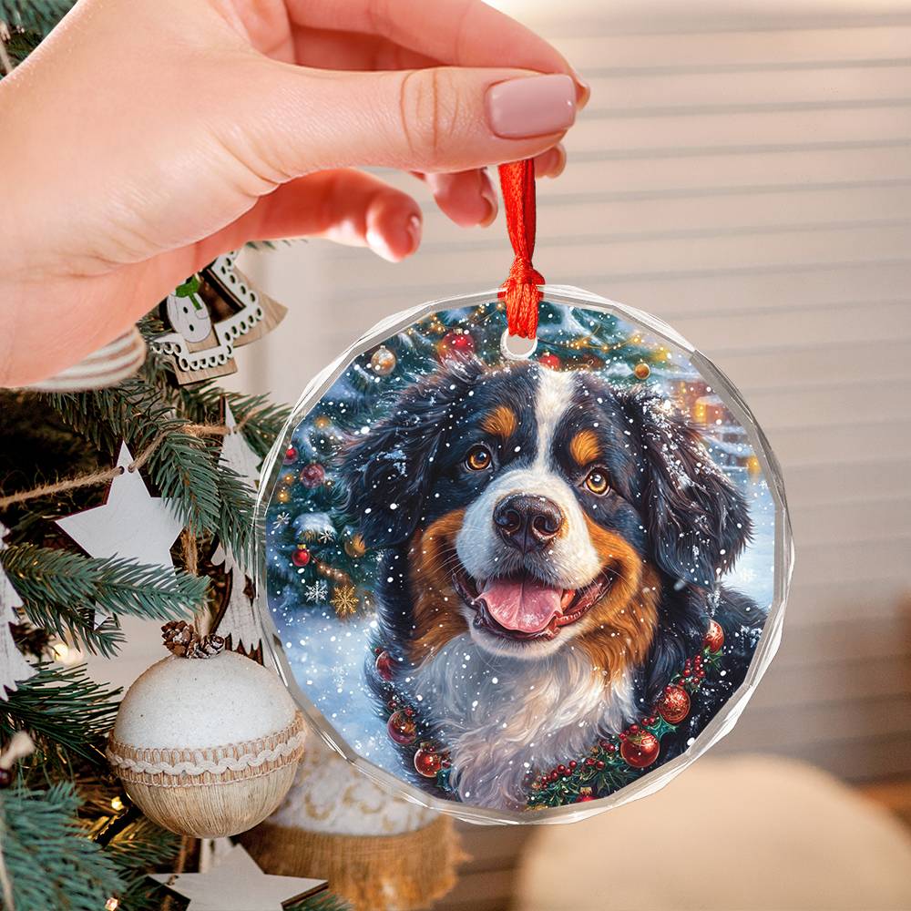 Beautiful Angus Bernese Mountain Dog Christmas Night Design 3 Glass Ornament