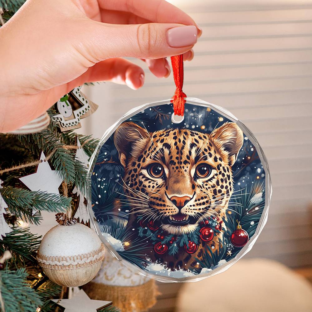 Beautiful Leopard Christmas Night Design 1 Glass Ornament