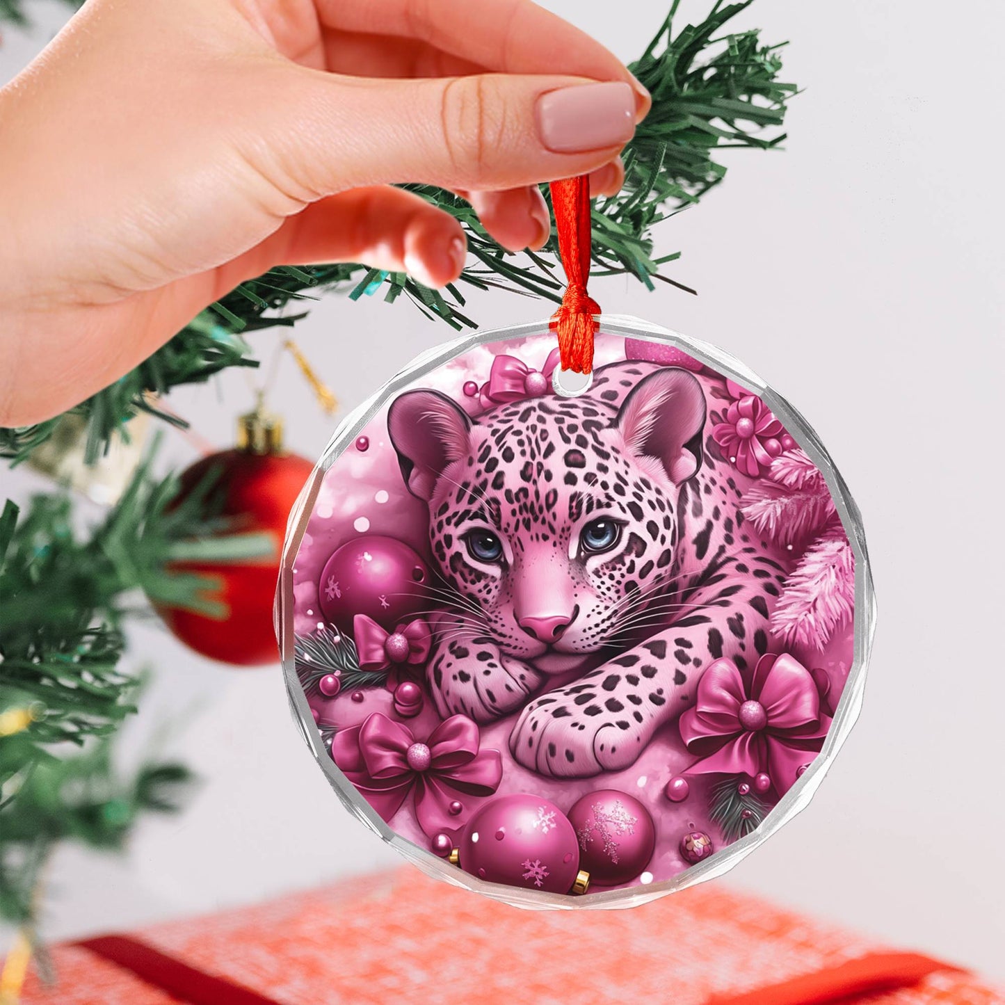 Jaguar Pink Christmas Design 2 Glass Ornament
