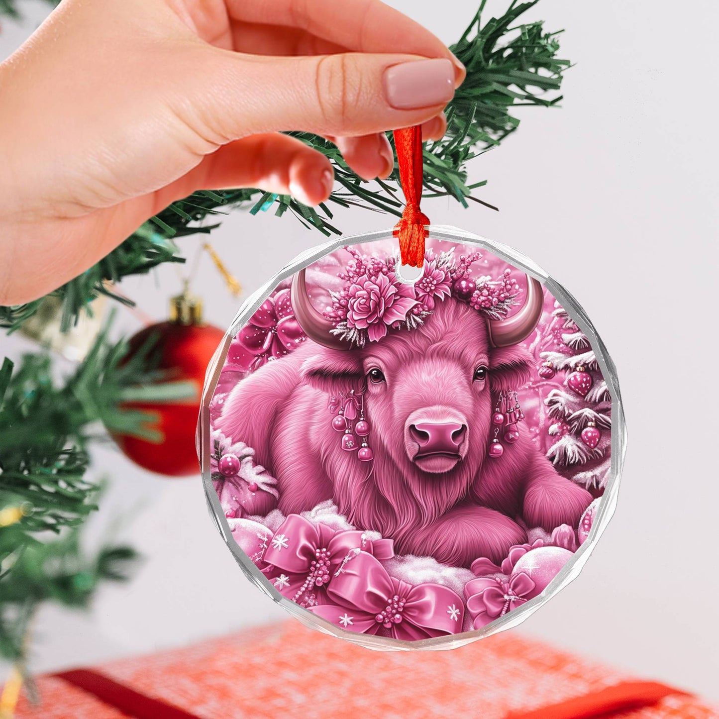 Bison Pink Christmas Design 1 Glass Ornament