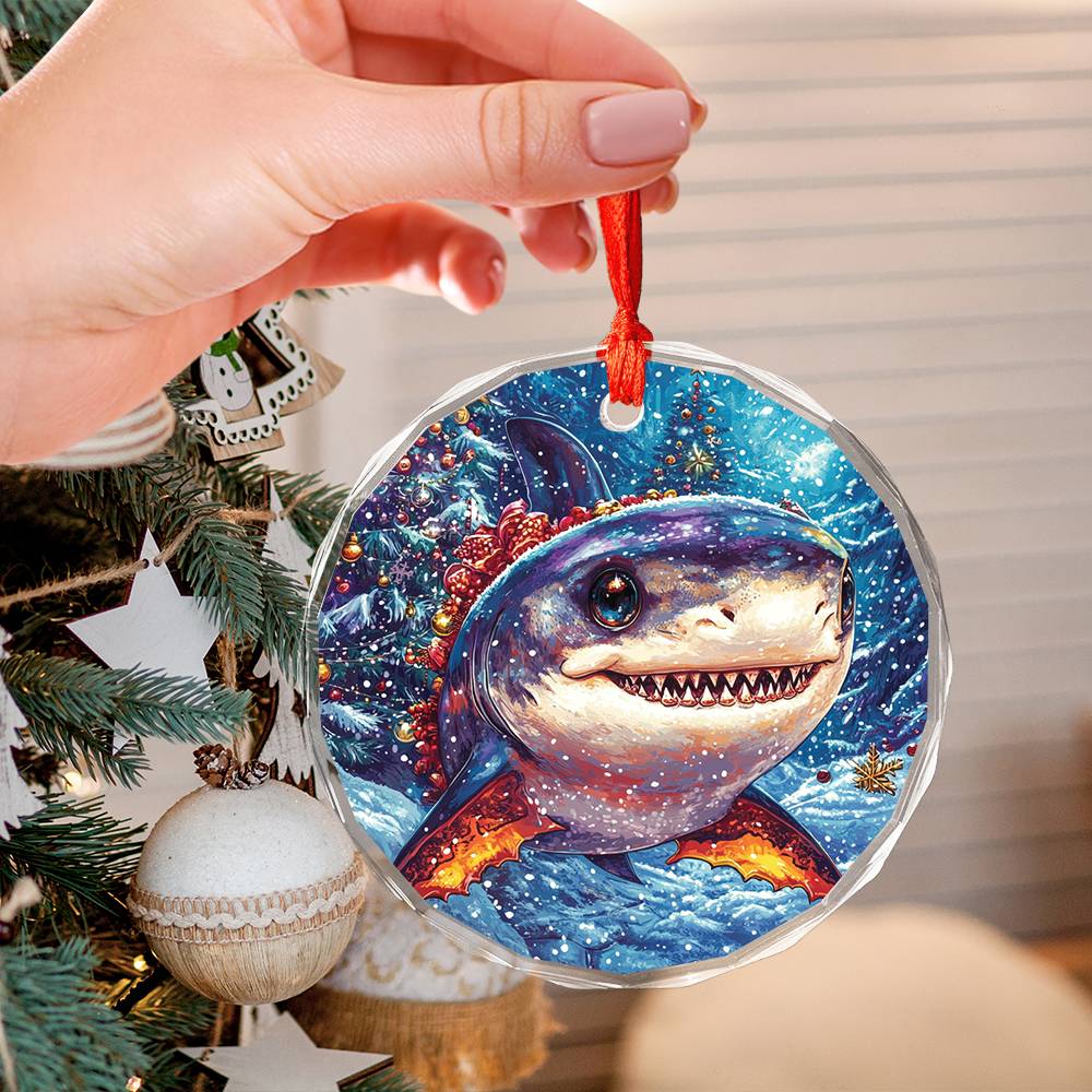 Beautiful Angus Shark Christmas Night Design 4 Glass Ornament