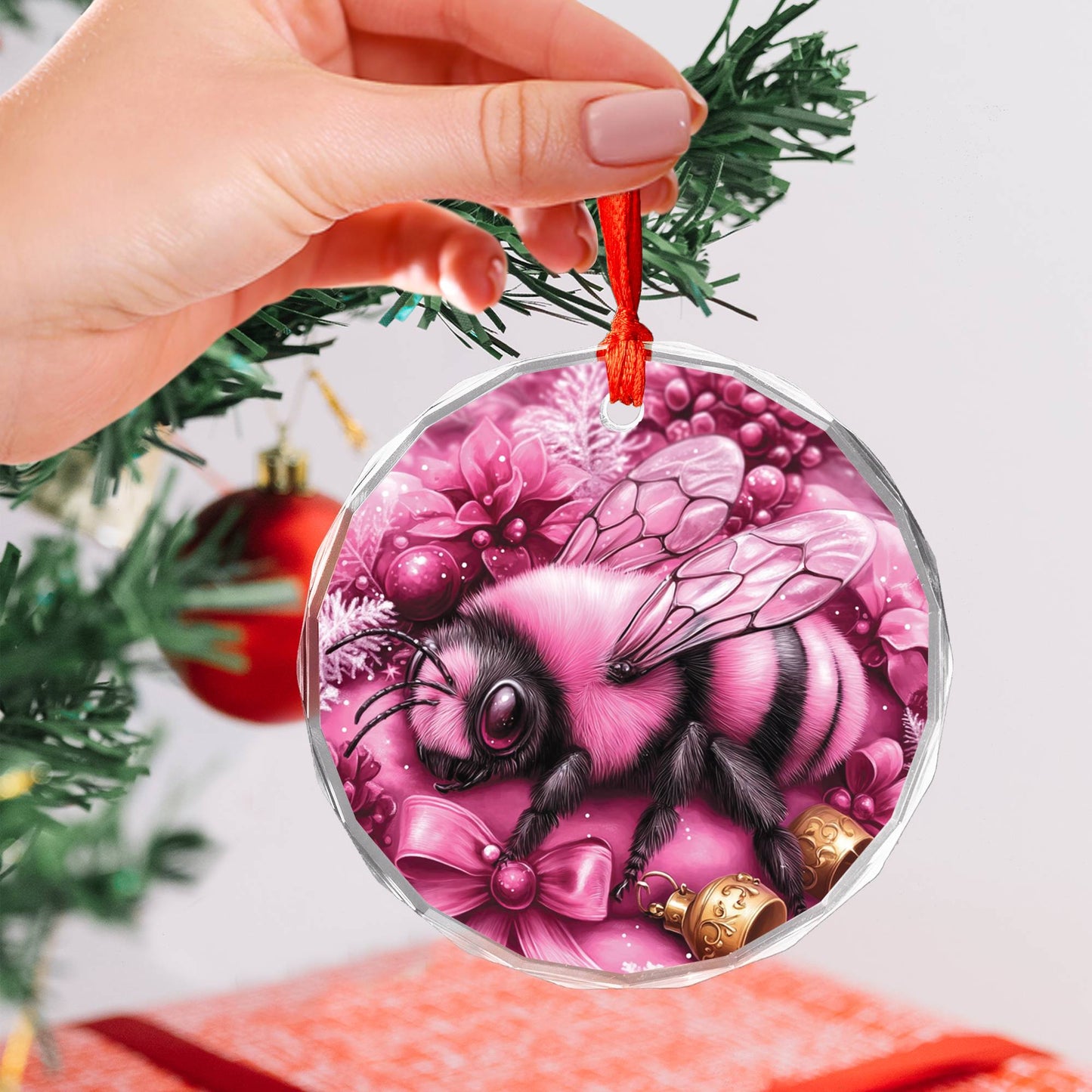 Bee Pink Christmas Design 1 Glass Ornament