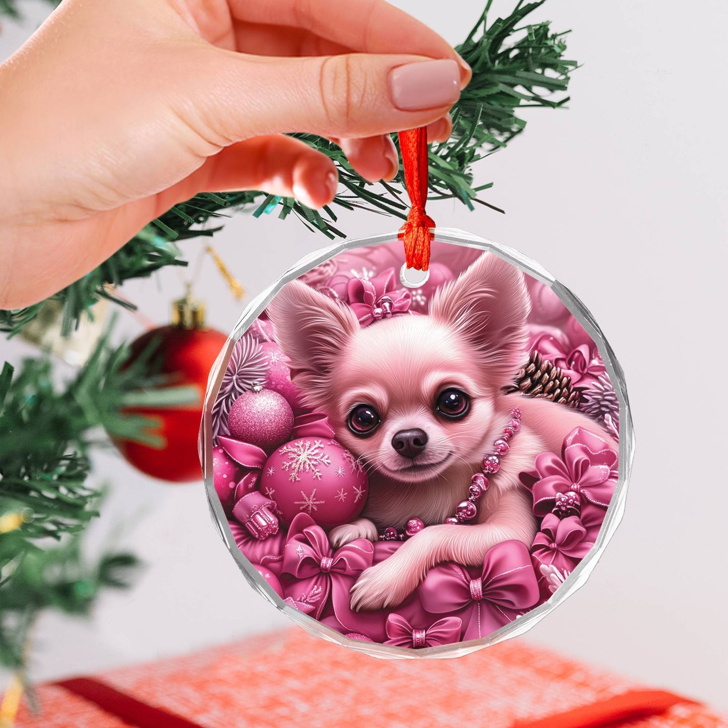 Chihuahua Dog Pink Christmas Design 3 Glass Ornament