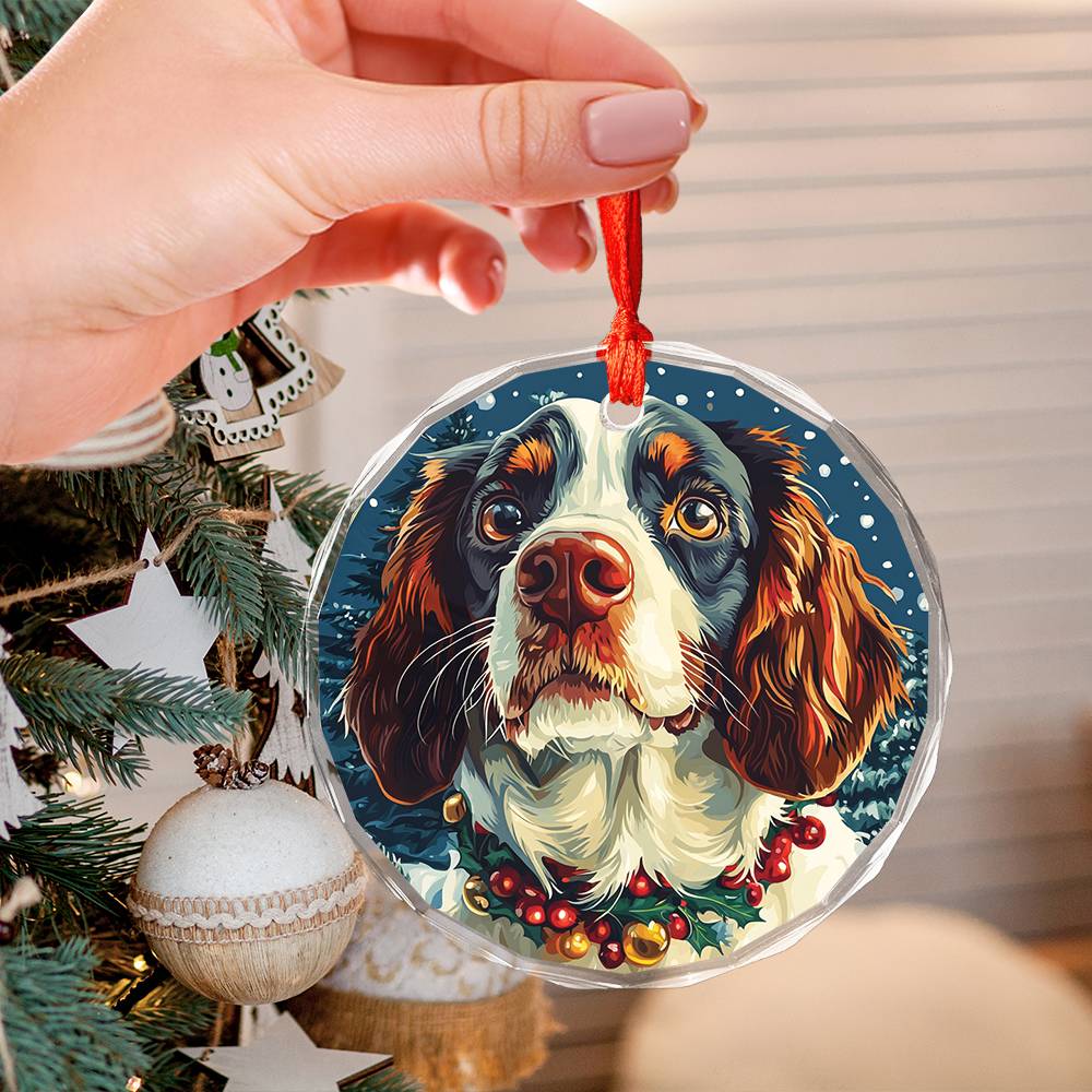 Beautiful English Springer Spaniel Dog Christmas Night Design 1 Glass Ornament