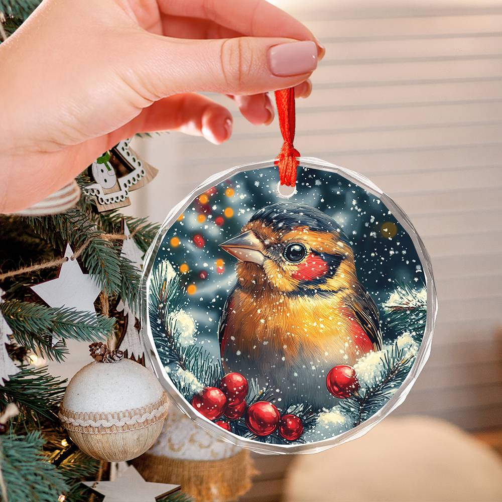 Beautiful Finch Christmas Night Design 2 Glass Ornament