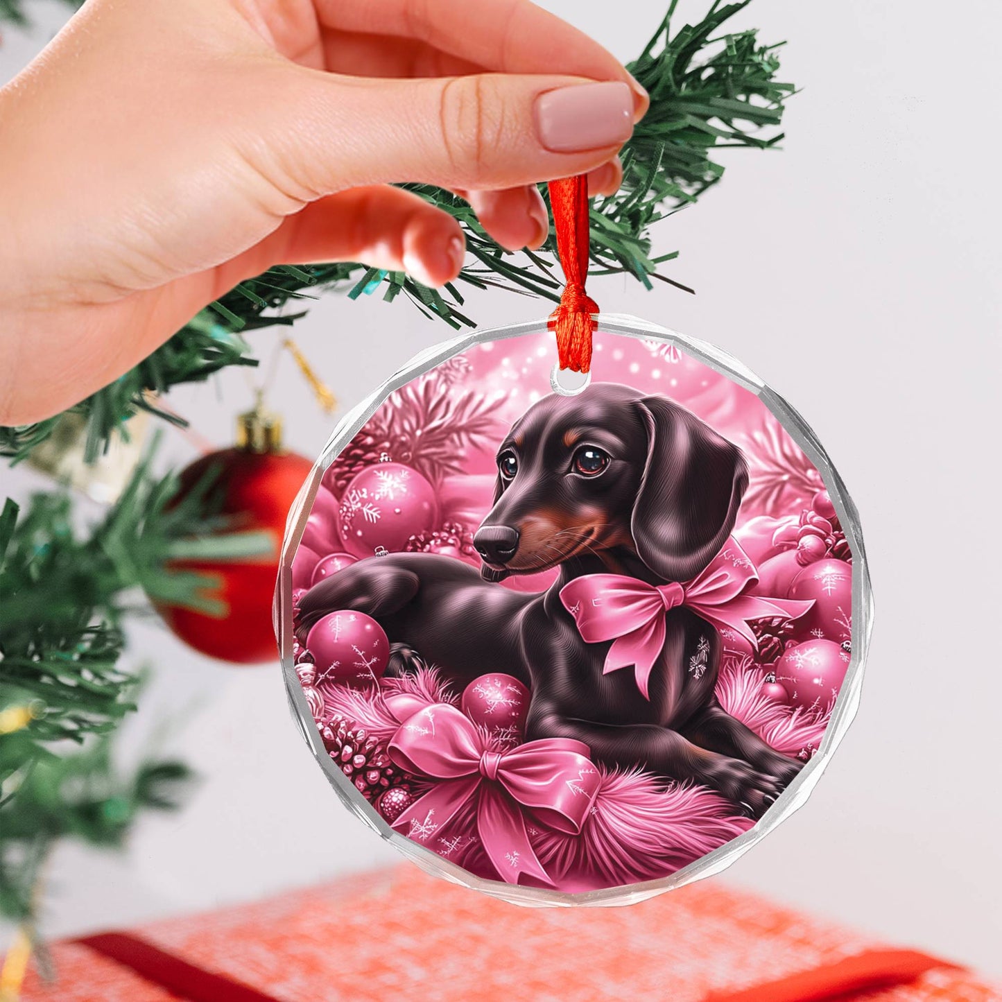 Dachshund Dog Pink Christmas Design 3 Glass Ornament