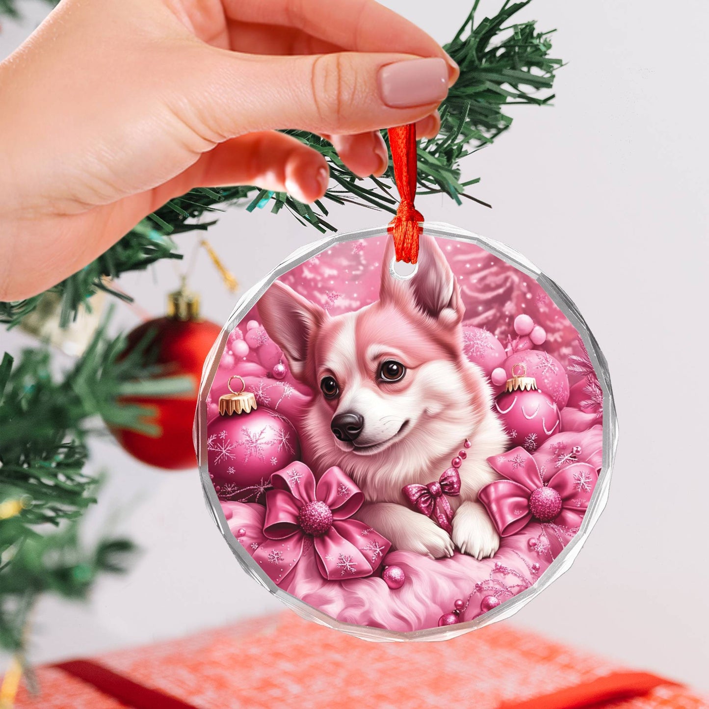 Pembroke Welsh Corgi Dog Pink Christmas Design 2 Glass Ornament