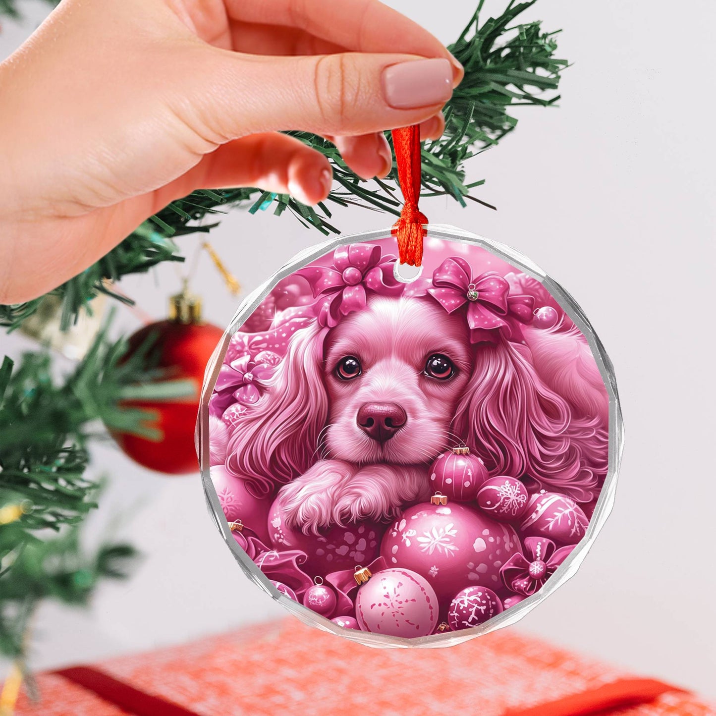 Cocker Spaniel Dog Pink Christmas Design 1 Glass Ornament