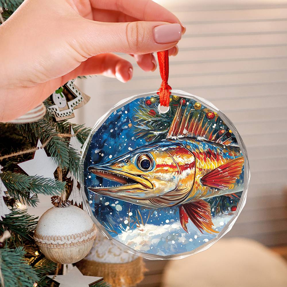 Beautiful Angus Wahoo Fish Christmas Night Design 2 Glass Ornament