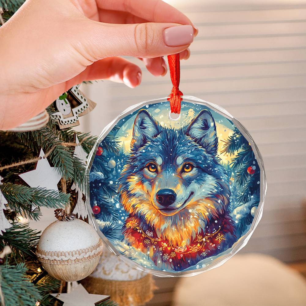Beautiful Angus Wolf Christmas Night Design 2 Glass Ornament