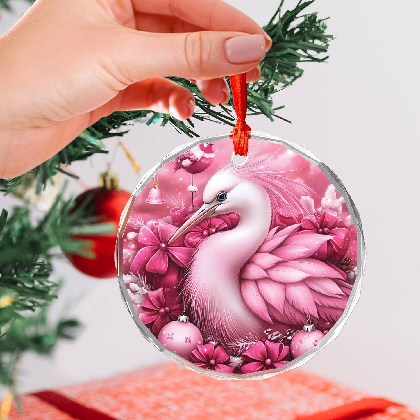Heron Pink Christmas Design 1 Glass Ornament