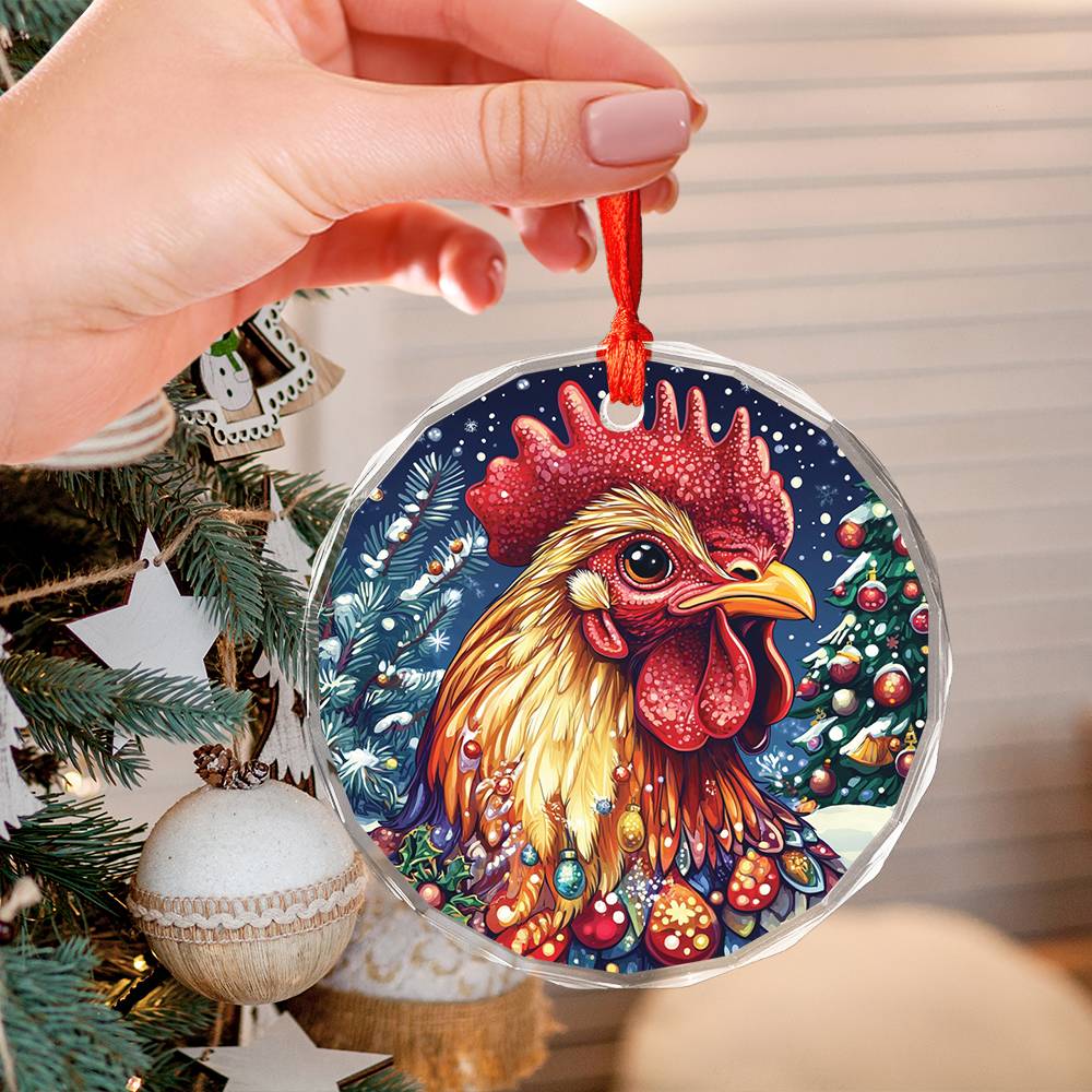 Beautiful Rooster Christmas Night Design 3 Glass Ornament