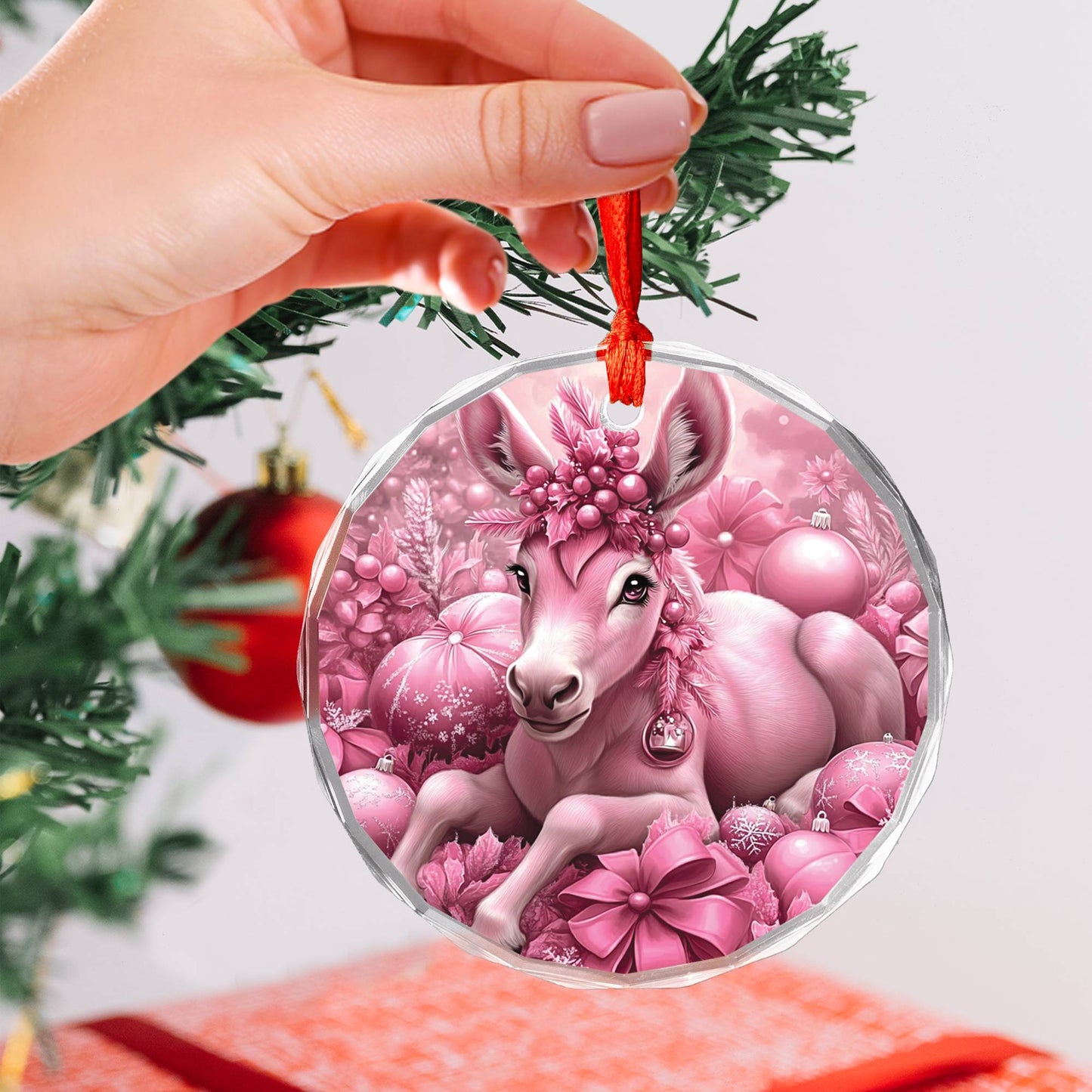 Mule Pink Christmas Design 2 Glass Ornament
