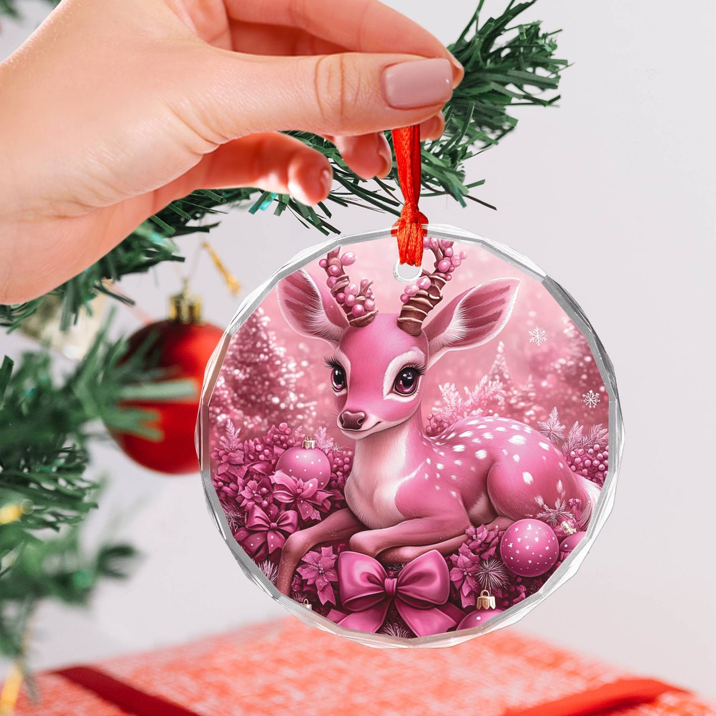 Antelope Pink Christmas Design 4 Glass Ornament