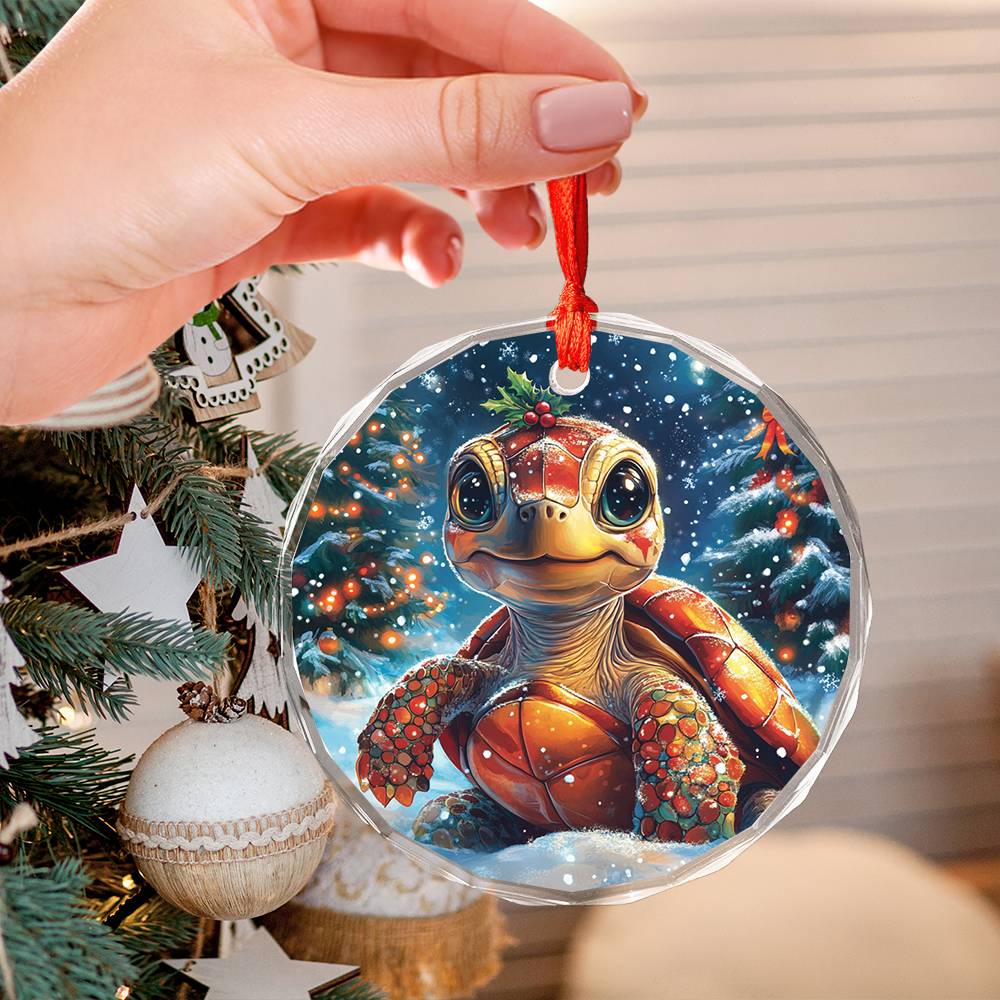 Beautiful Angus Turtle Christmas Night Design 4 Glass Ornament