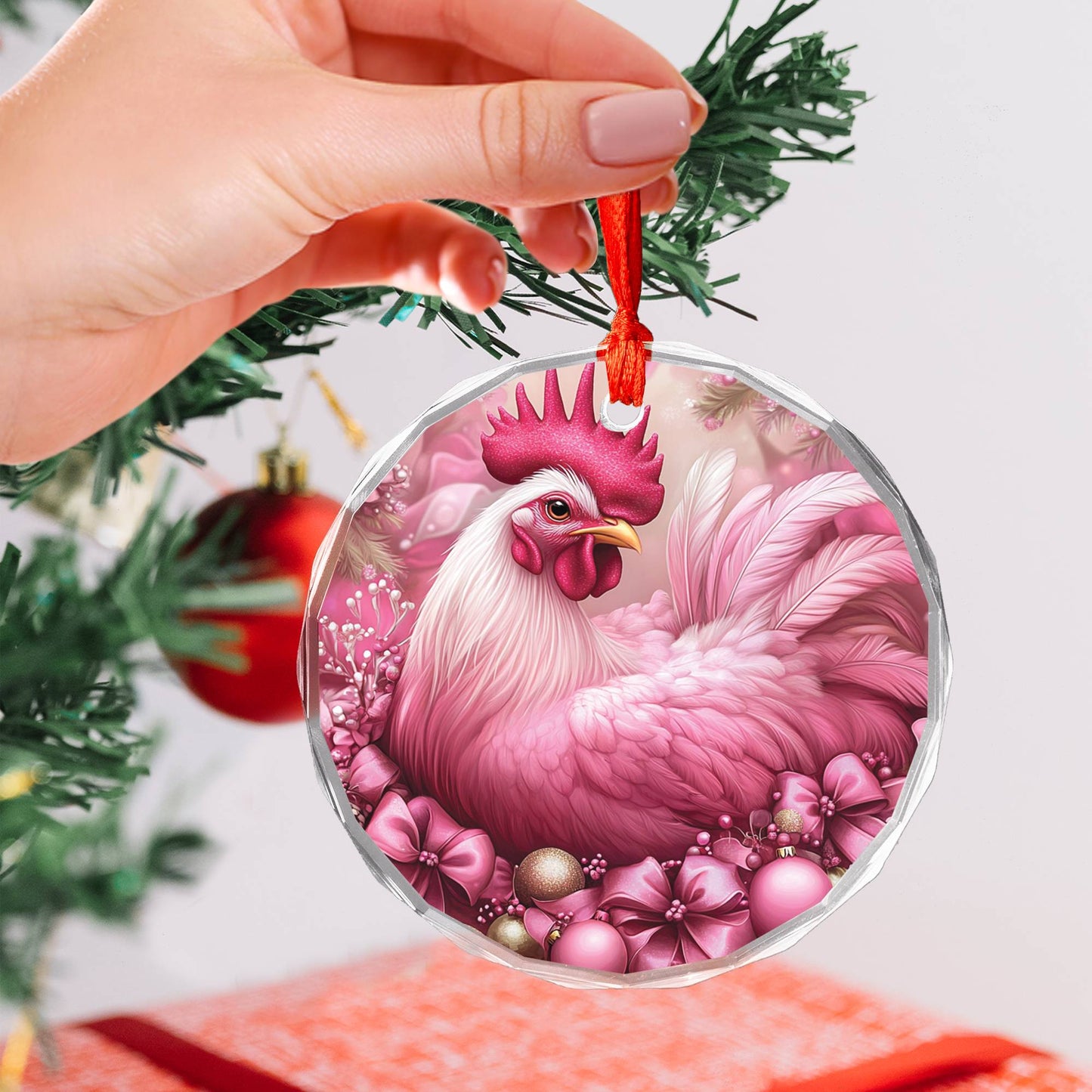 Rooster Pink Christmas Design 4 Glass Ornament