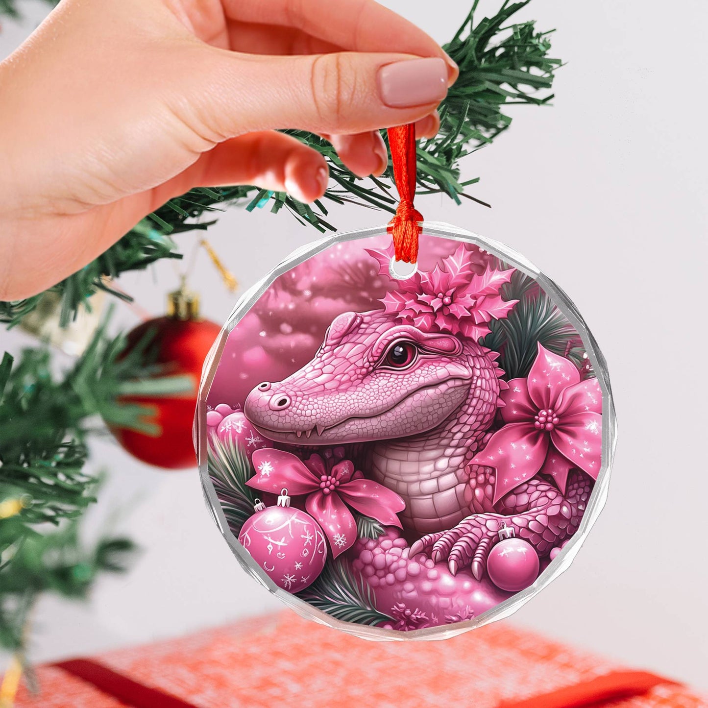 Alligator Pink Christmas Design 2 Glass Ornament