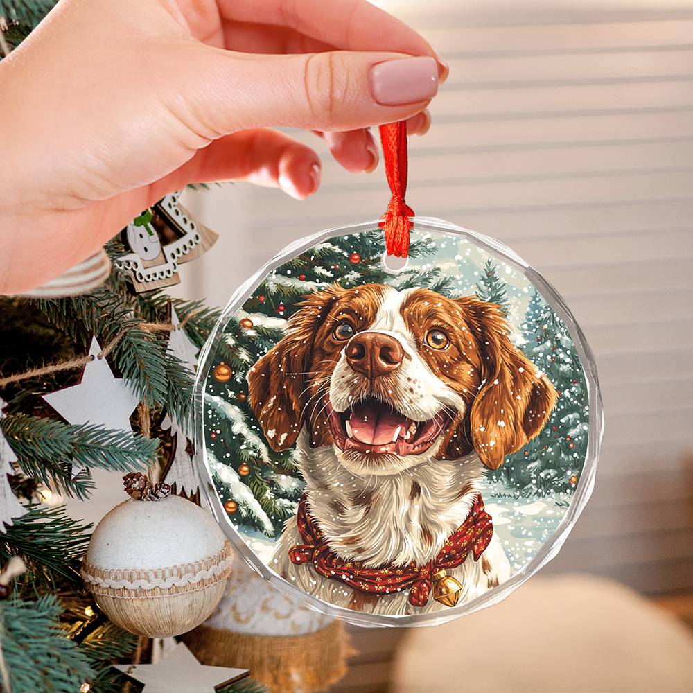 Beautiful Brittany Dog Christmas Night Design 2 Glass Ornament