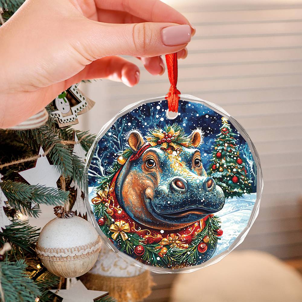Beautiful Hippo Christmas Night Design 4 Glass Ornament