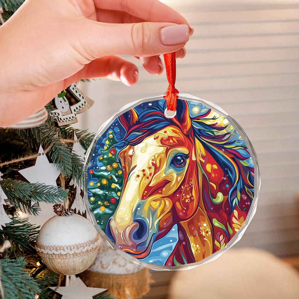 Beautiful Horse Christmas Night Design 2 Glass Ornament