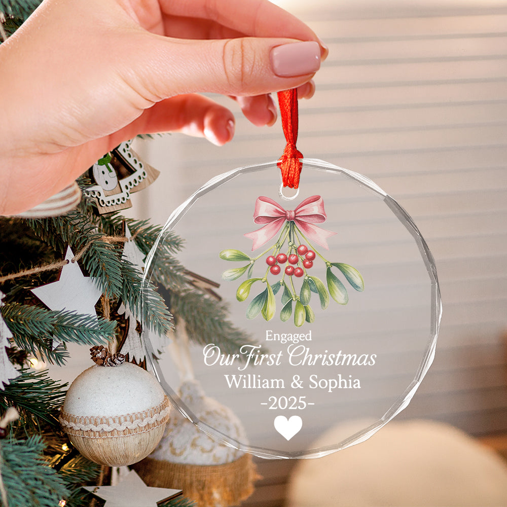 Mistletoe Our First Christmas Engaged - Personalized Circle Glass Ornament
