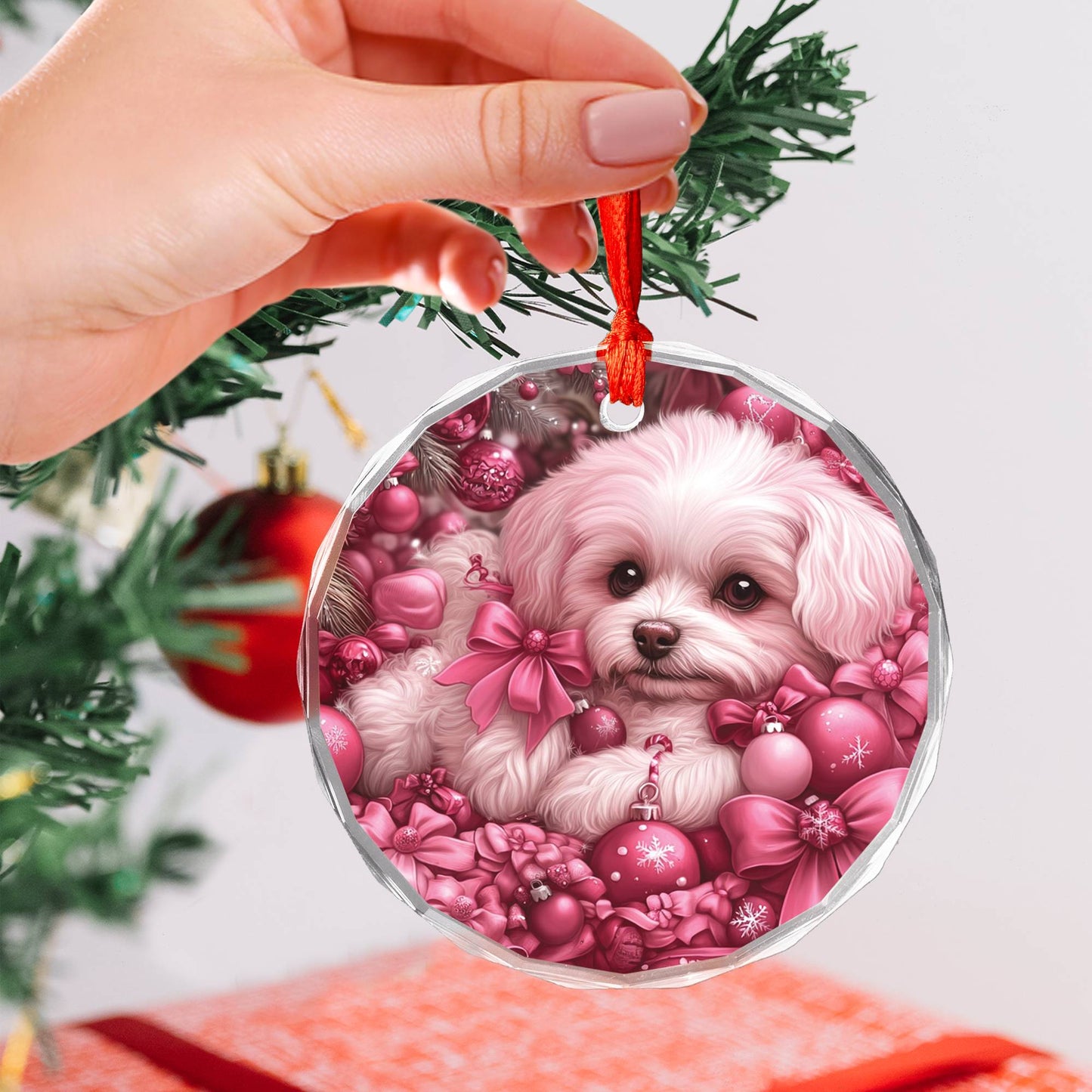 Bichon Frise Dog Pink Christmas Design 2 Glass Ornament