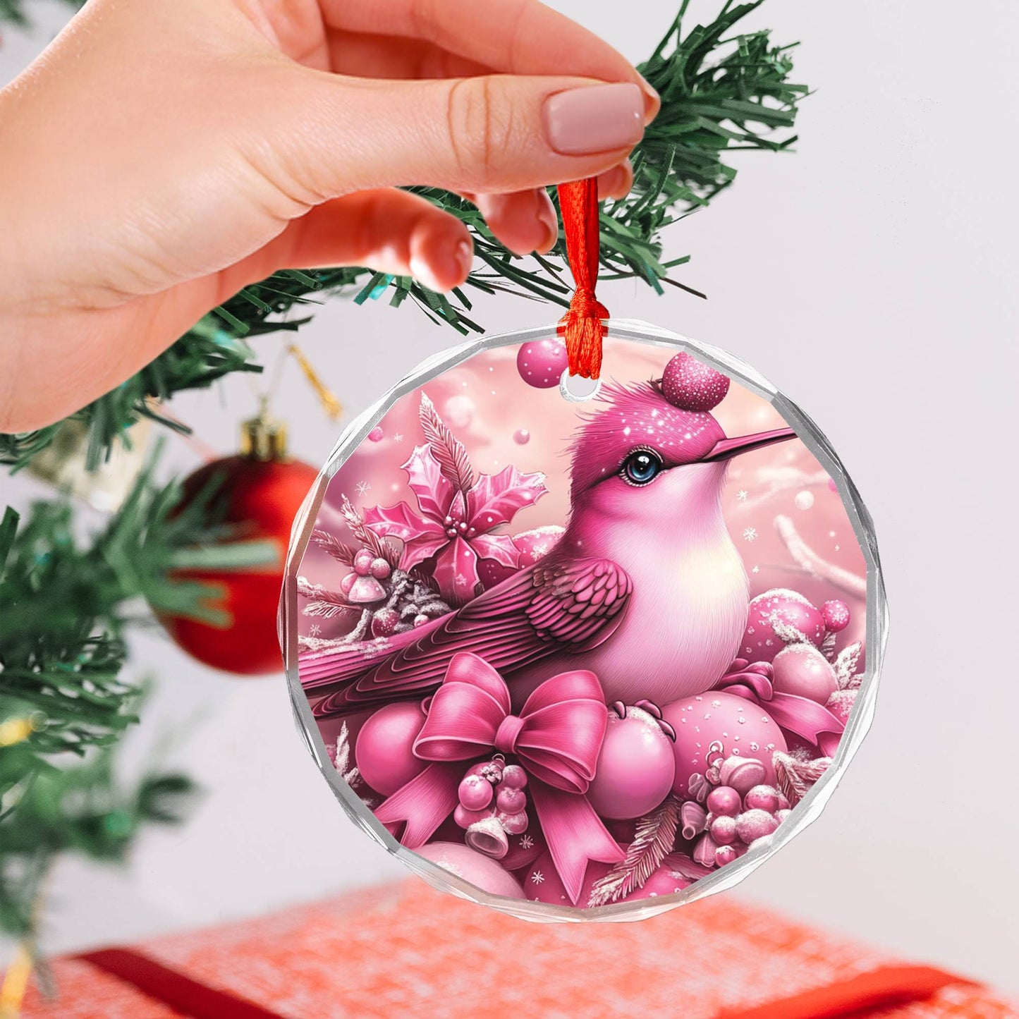 Hummingbird Pink Christmas Design 1 Glass Ornament