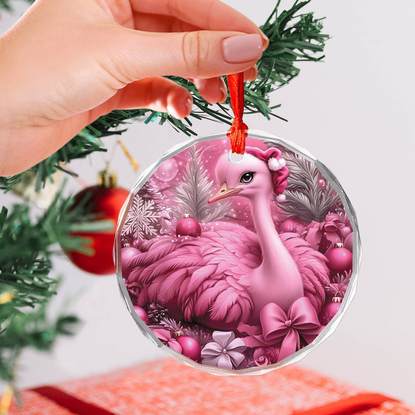 Ostrich Pink Christmas Design 3 Glass Ornament