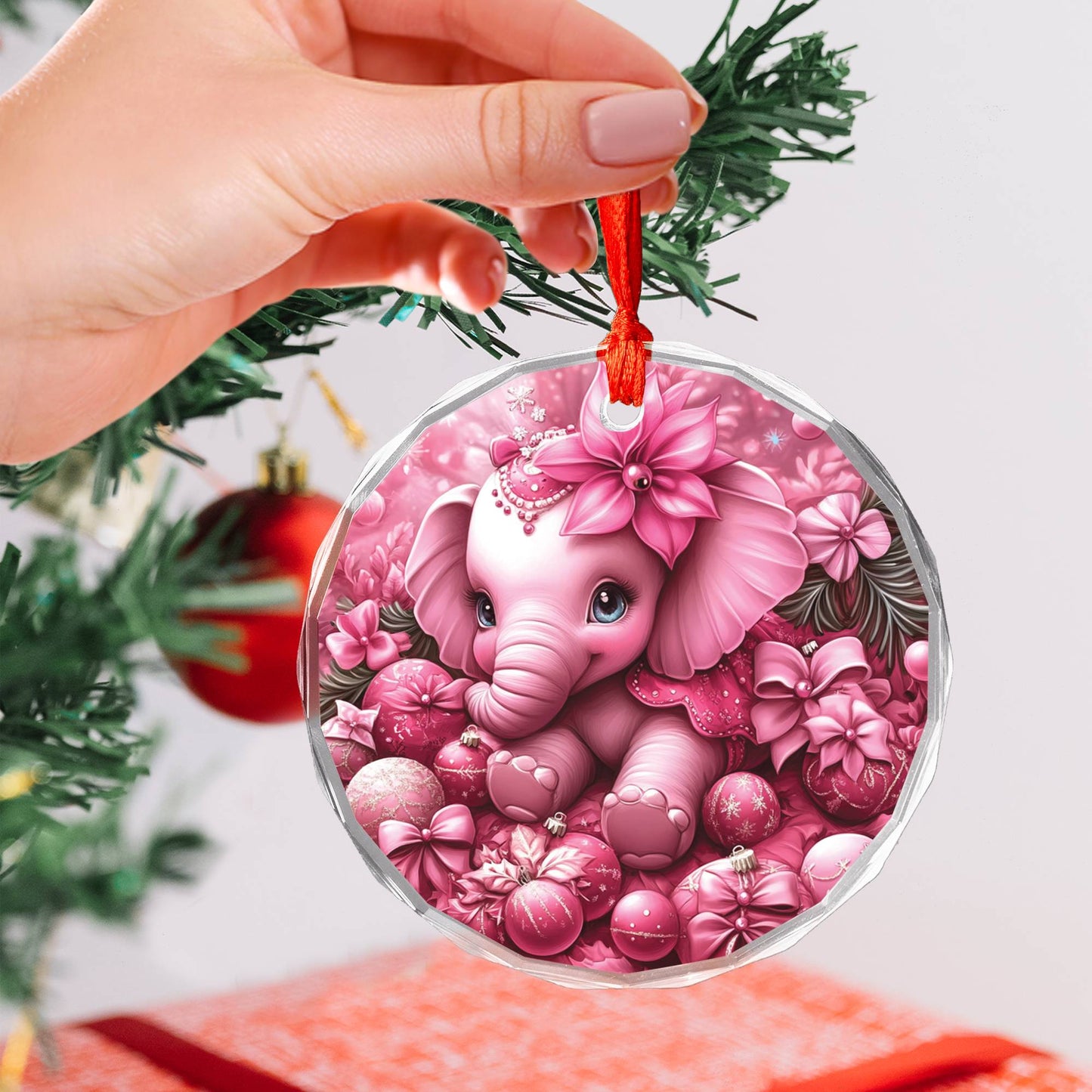 Elephant Pink Christmas Design 1 Glass Ornament