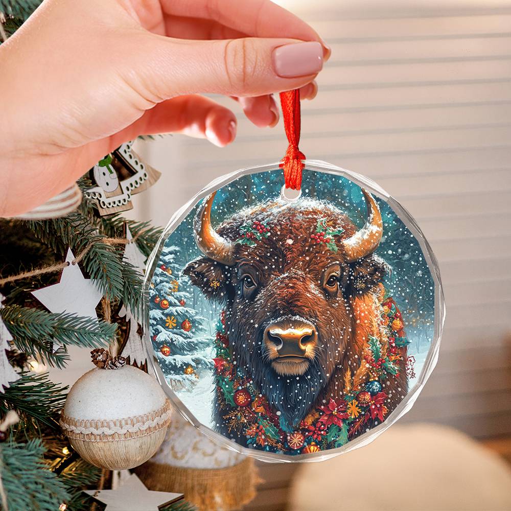 Beautiful Bison Christmas Night Design 2 Glass Ornament